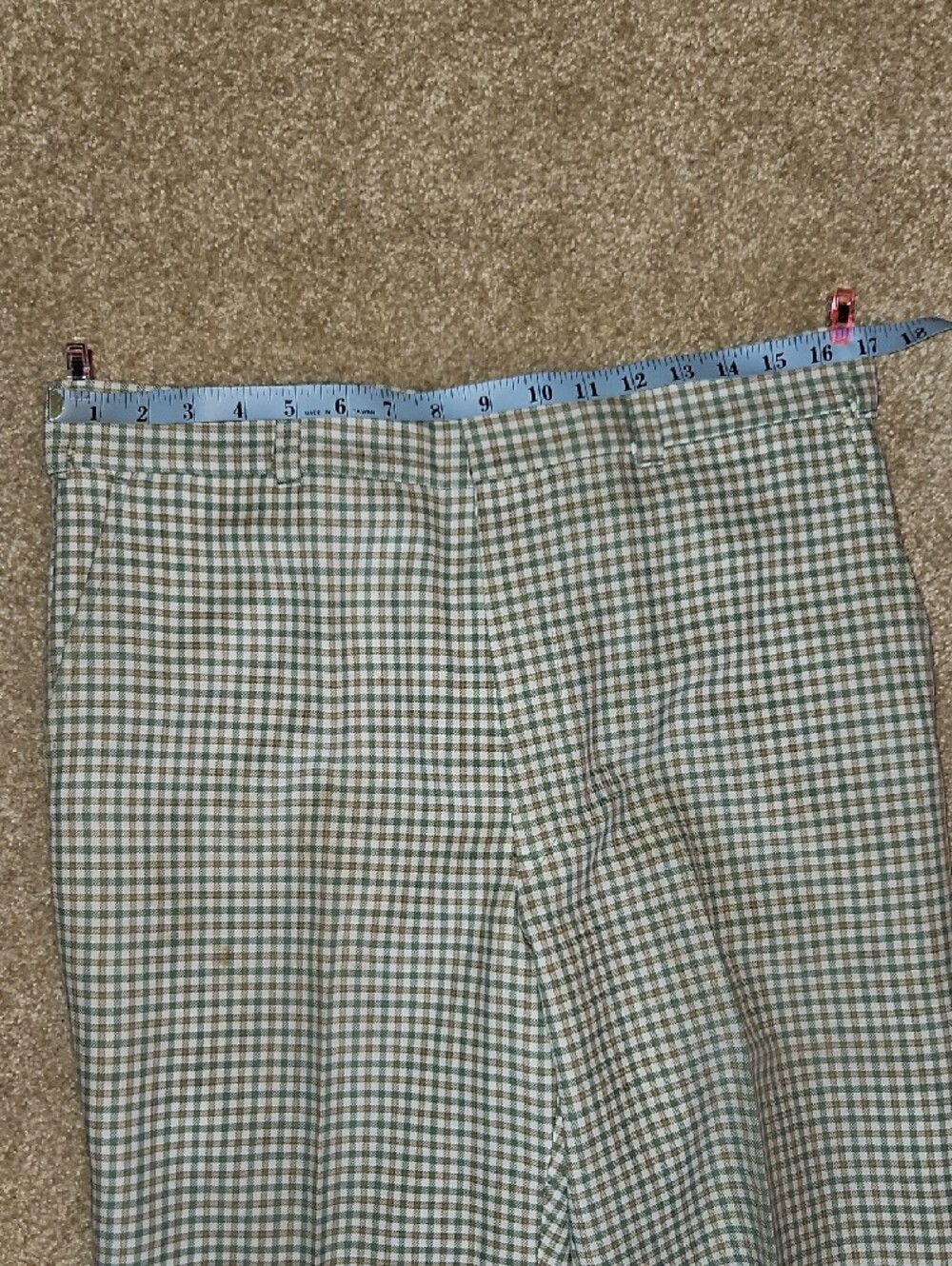 Custom Made Size W34xL33 Mens Green and Tan Vintage Plaid Flare Bottom Pants - Picture 7 of 9